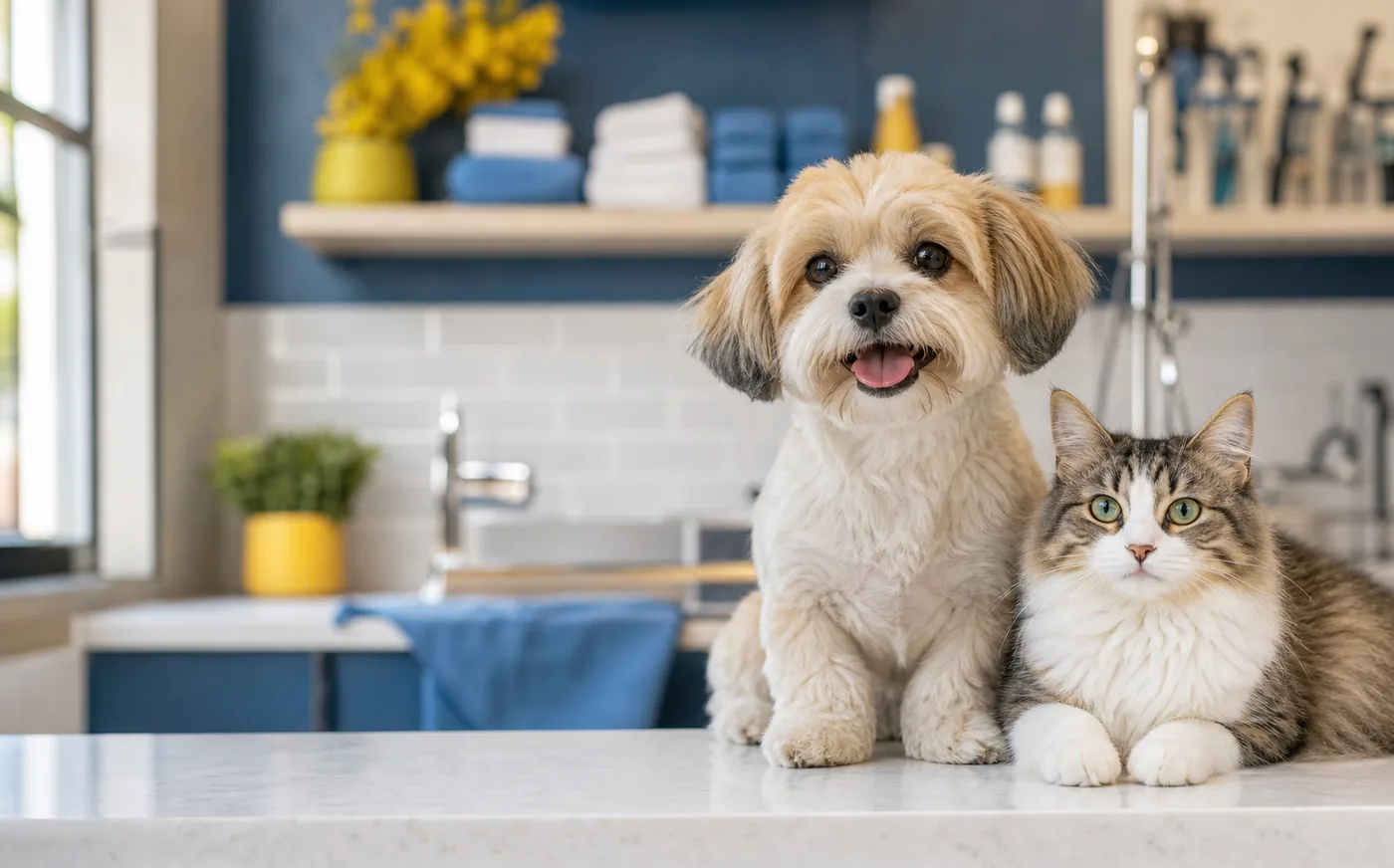Cachorro e gato em ambiente limpo de cuidado pet